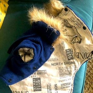 Navy Wool-like coat 4 Small Dog w faux fur collar